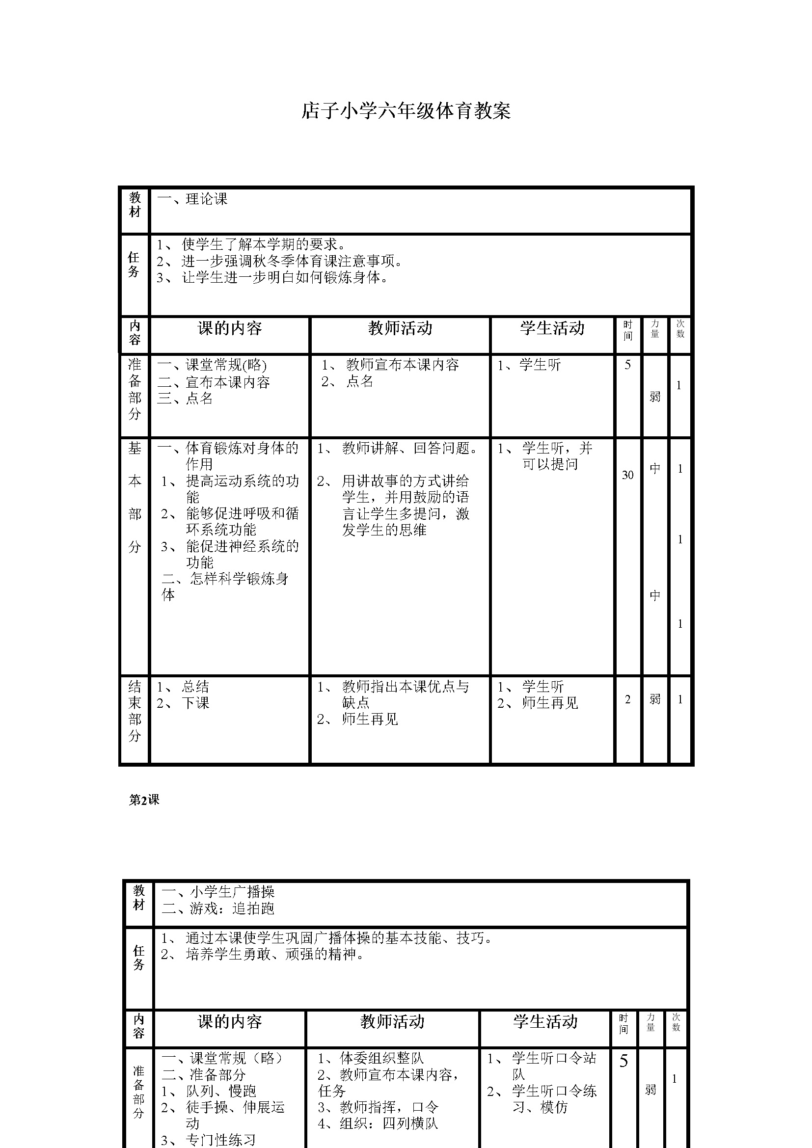 小学体育五年级教案