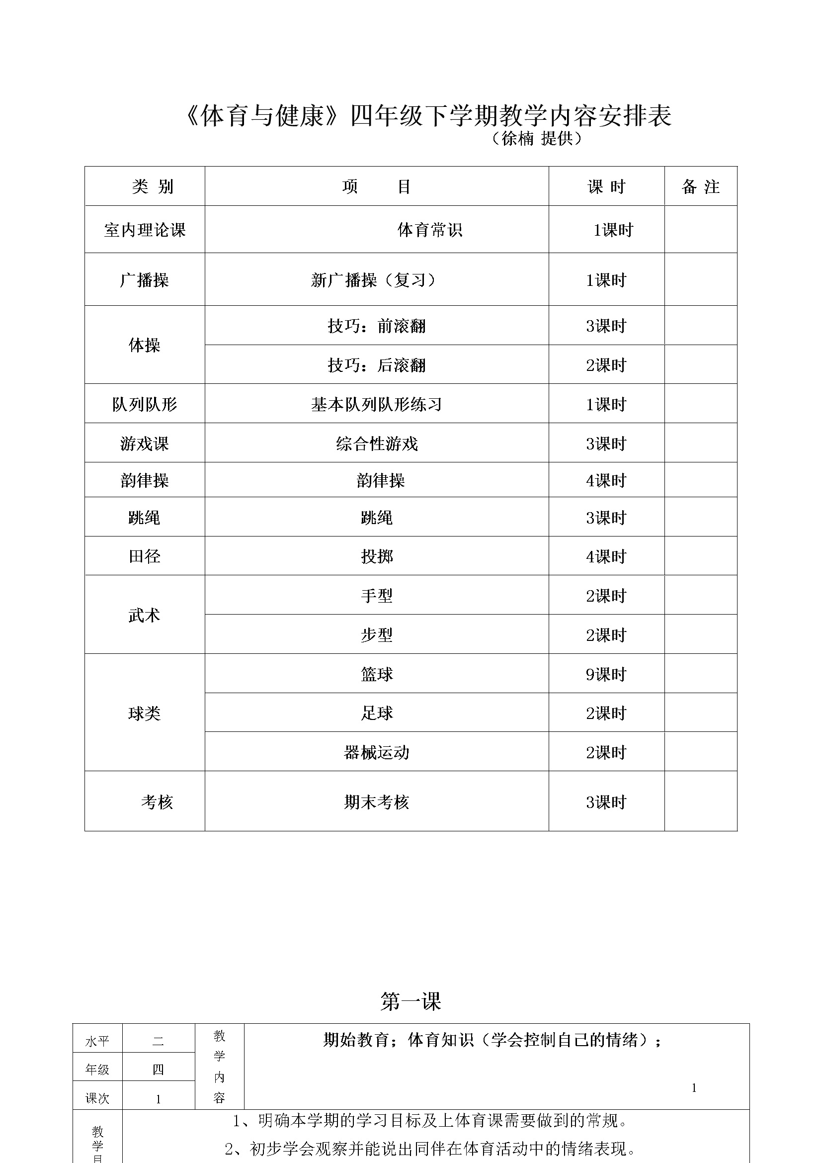 小学四年级体育教案下学期