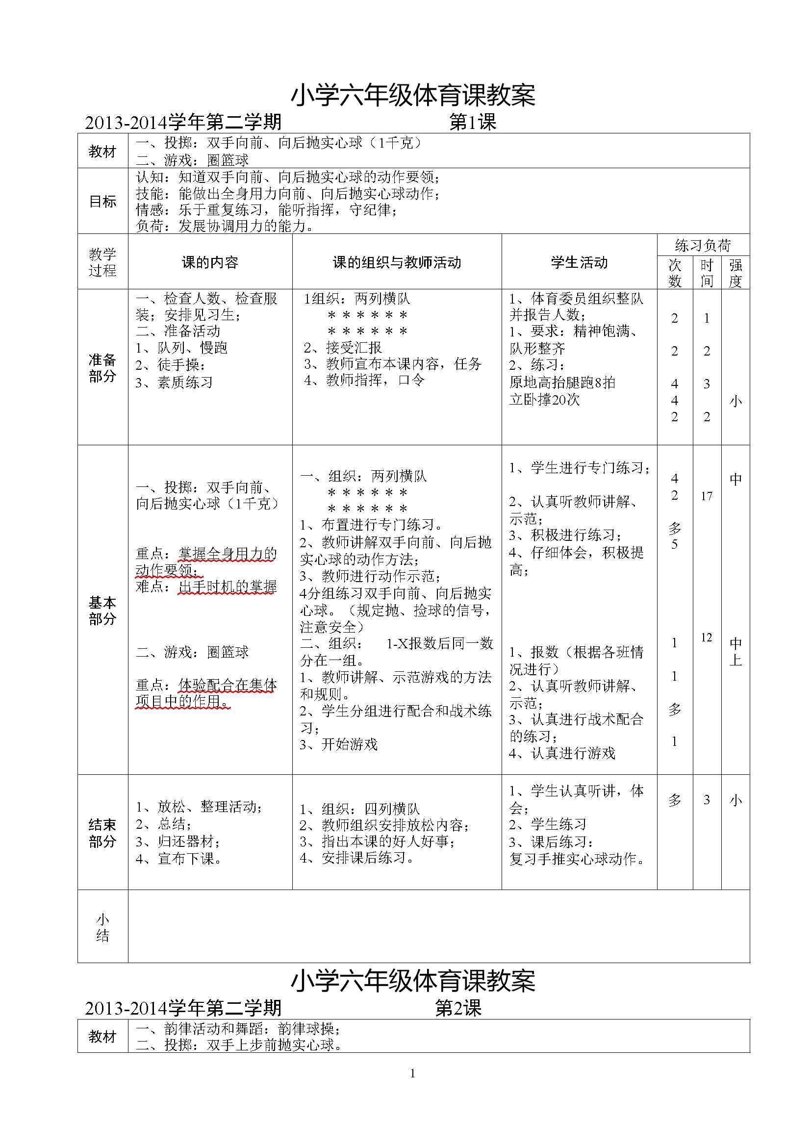 六年级下期体育教案(全册54课时)