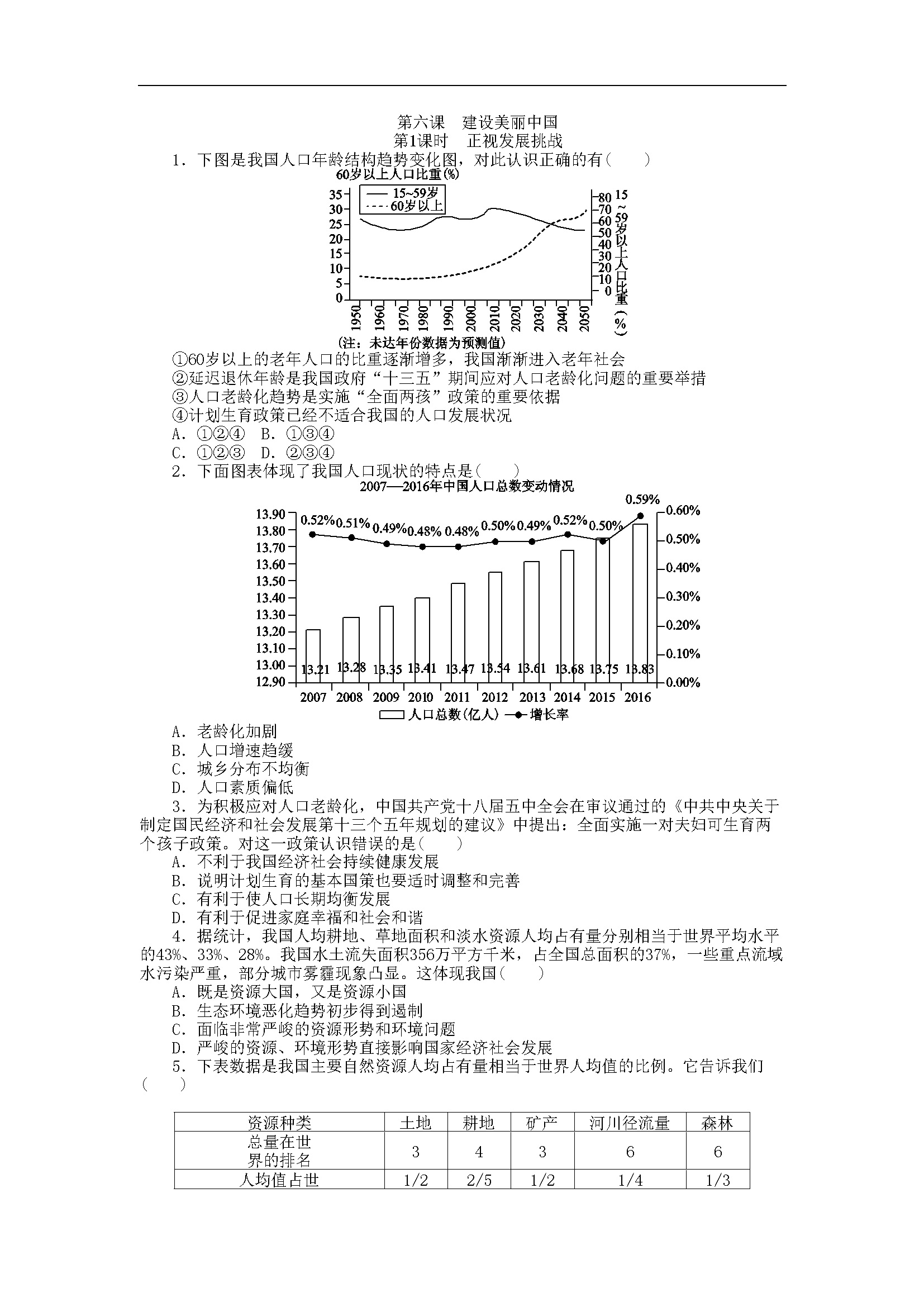 同步练习：6.1正视发展挑战