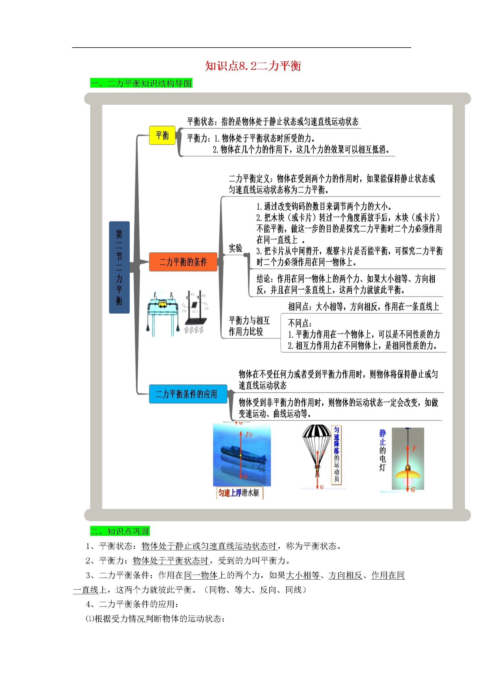 八年级物理下册8.2二力平衡期末复习-解析版