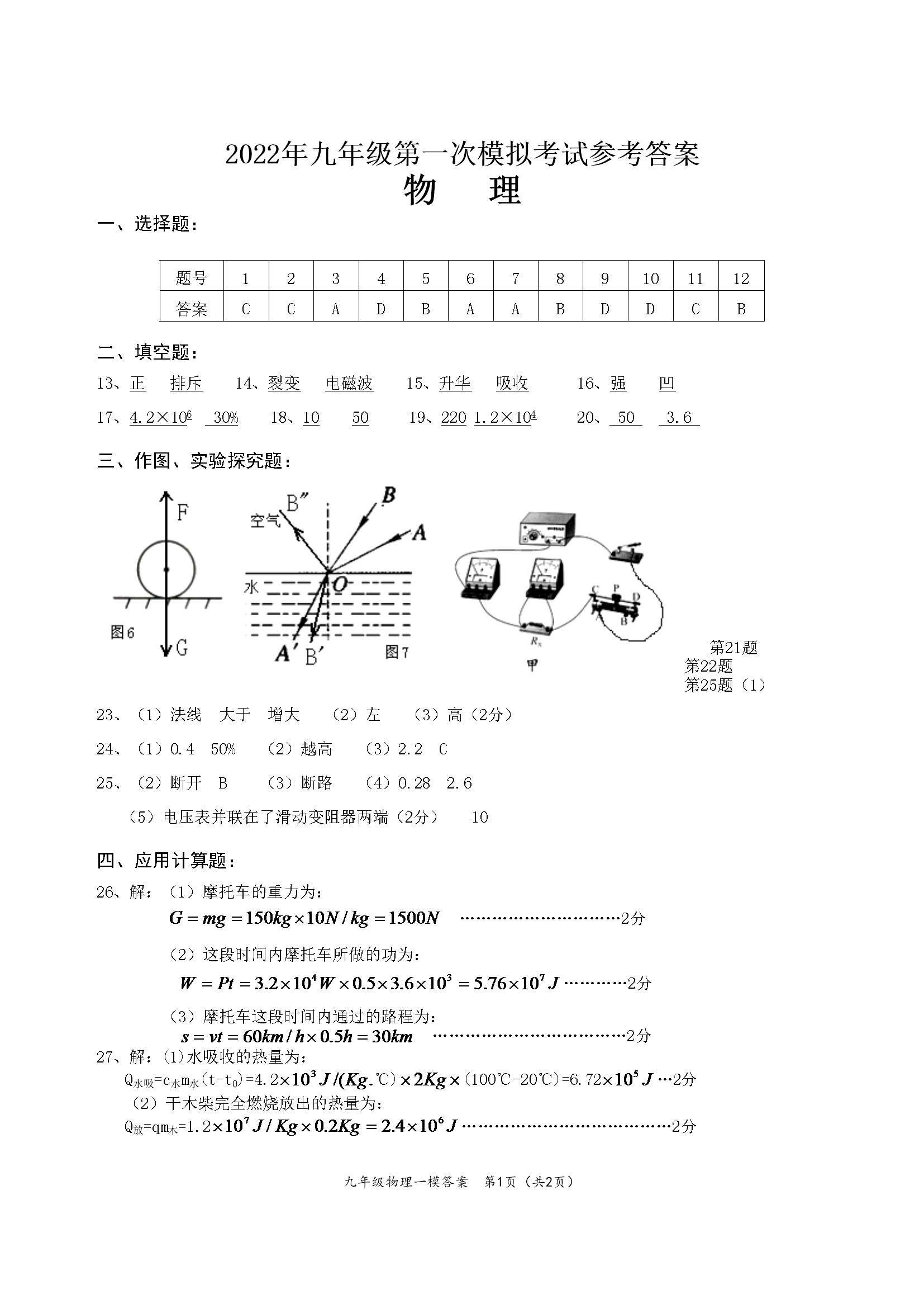 人教版2022年九年级物理第一次模拟考试试题卷答案