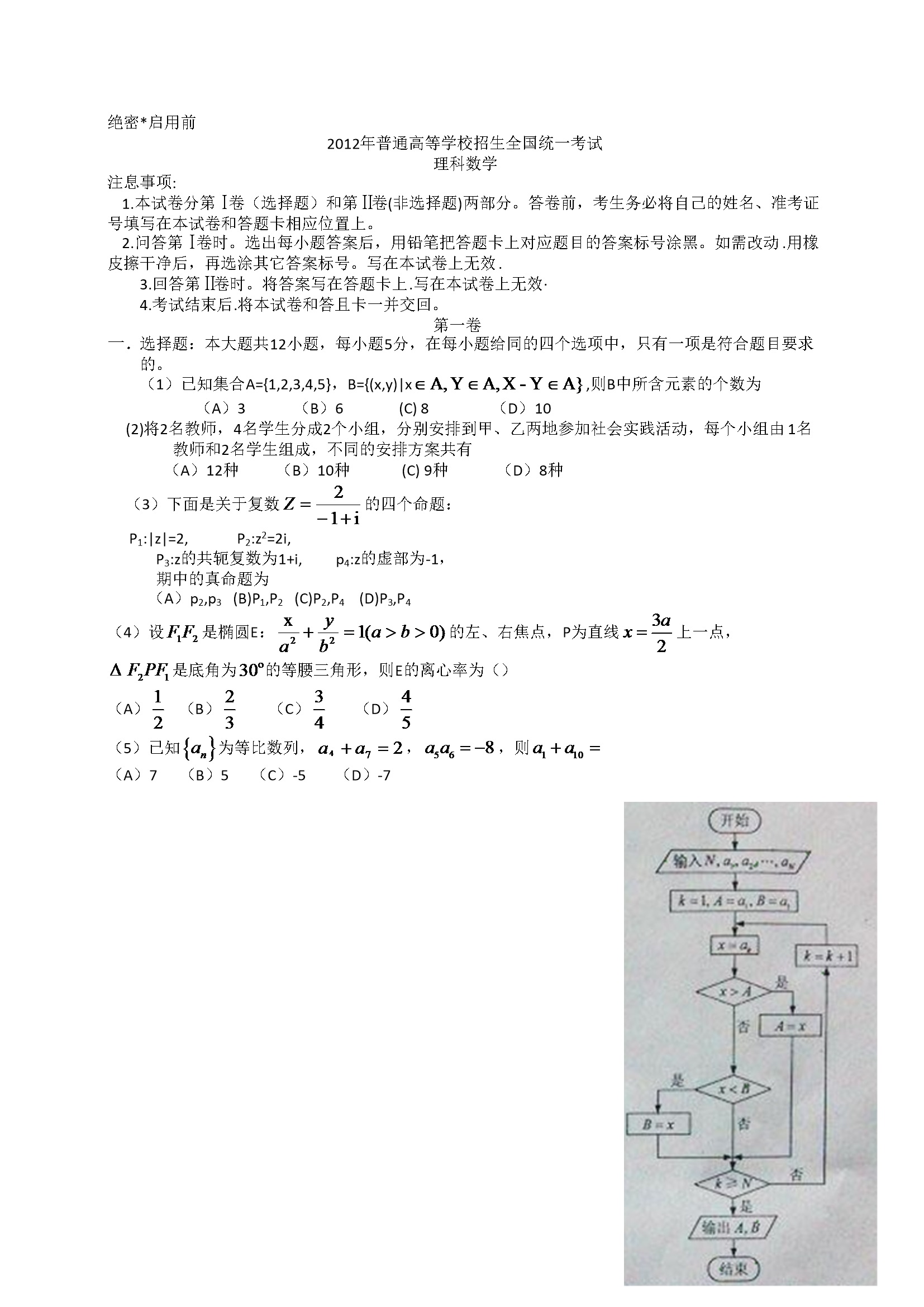 2012年海南省高考数学试题及答案（理科）