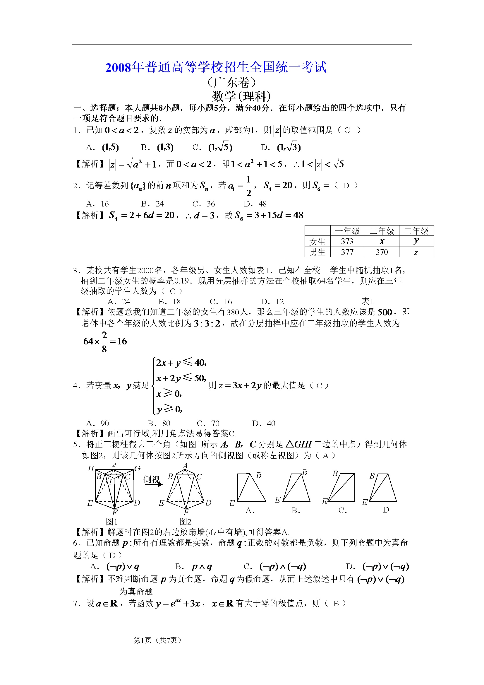 2008年广东高考（理科）数学试题及答案