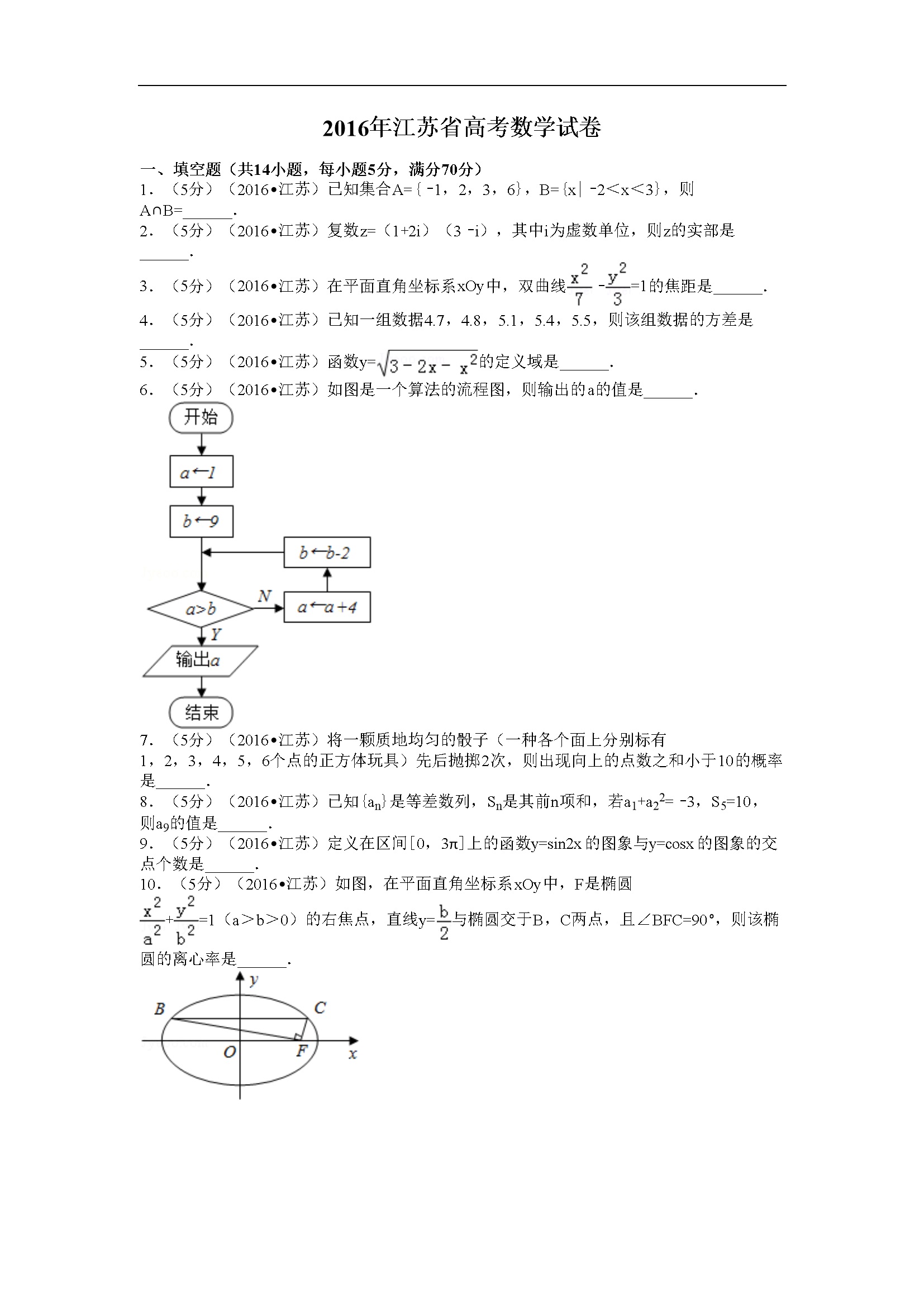 2016年江苏高考数学试题及答案