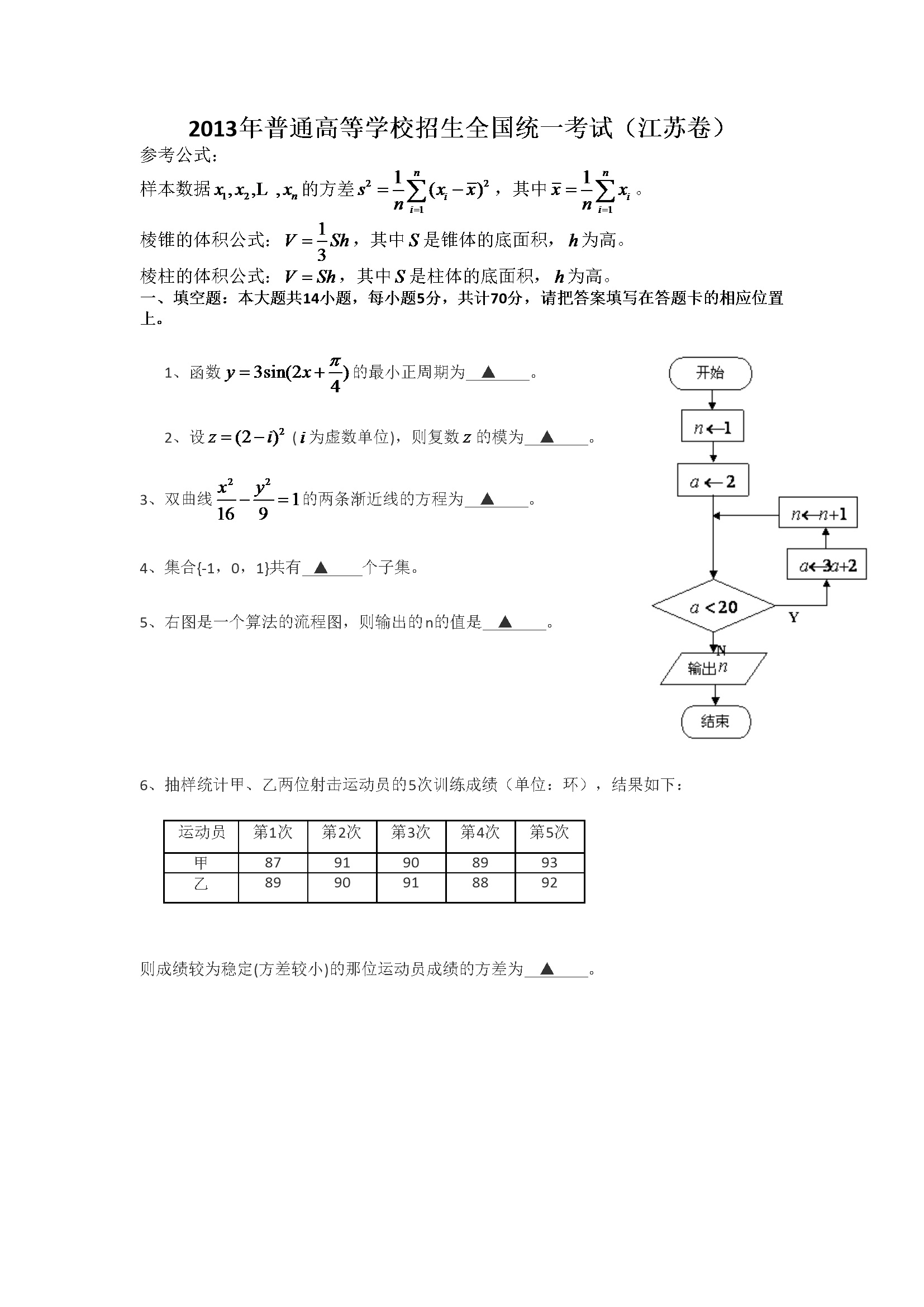 2013年江苏高考数学试题及答案