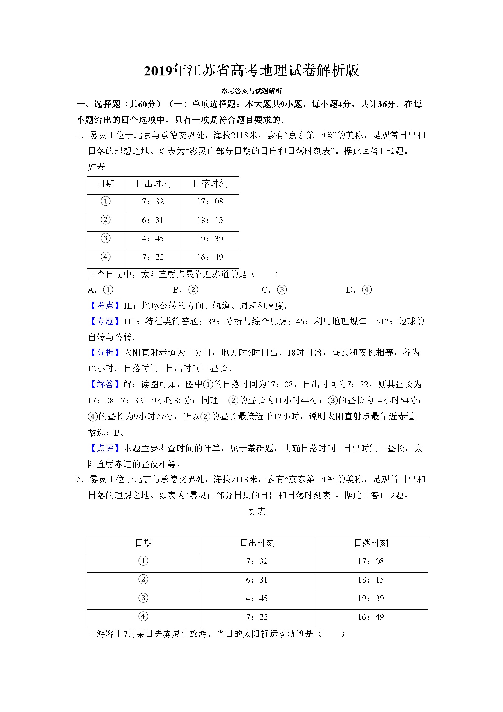 2019年江苏省高考地理试卷解析版