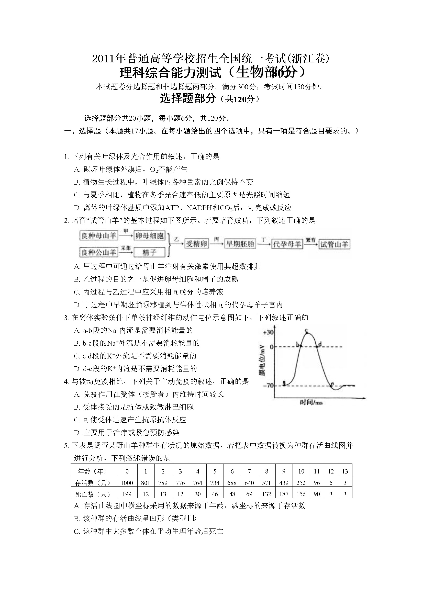 2011年浙江省高考生物（含解析版）