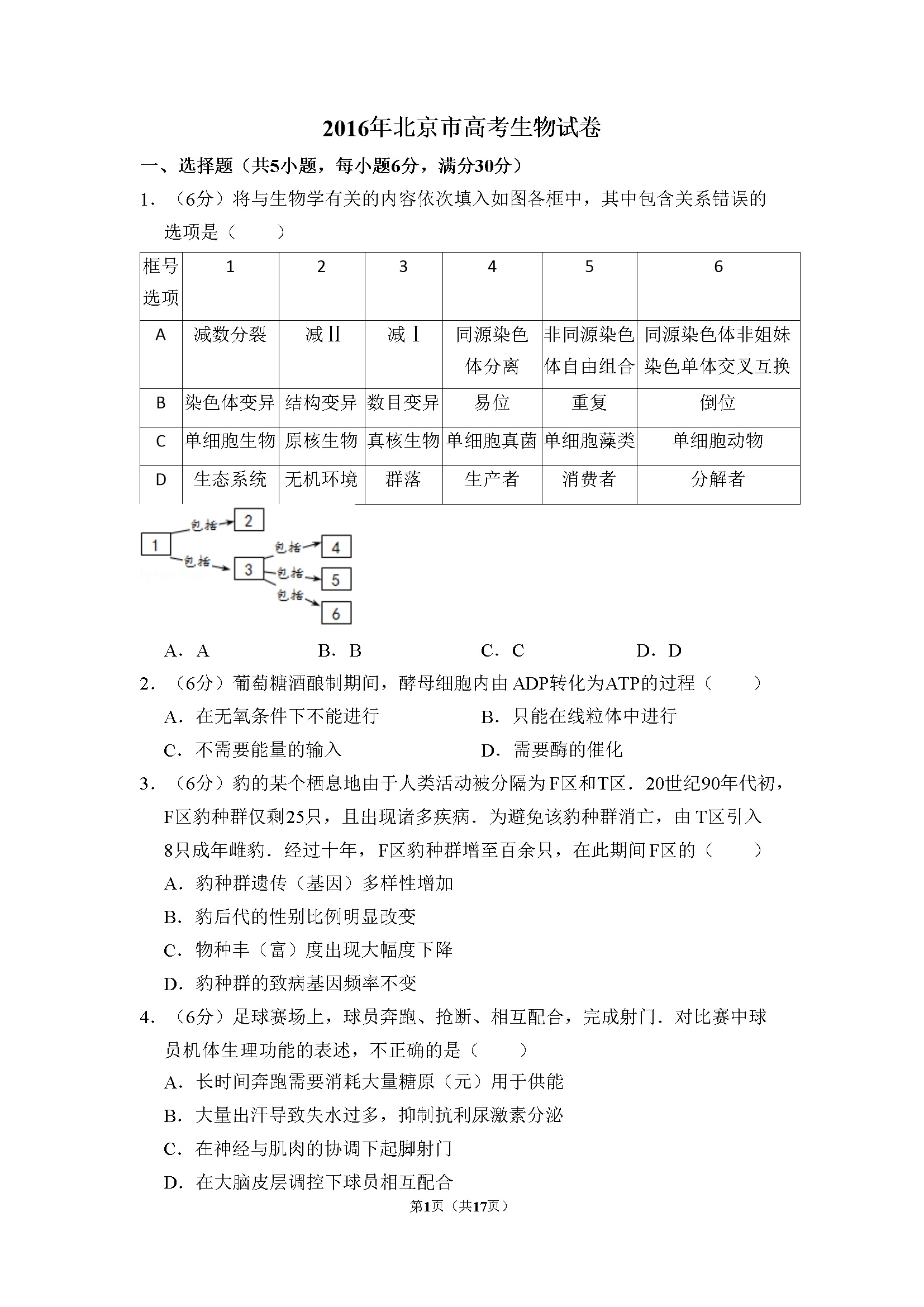 2016年北京市高考生物试卷（含解析版）