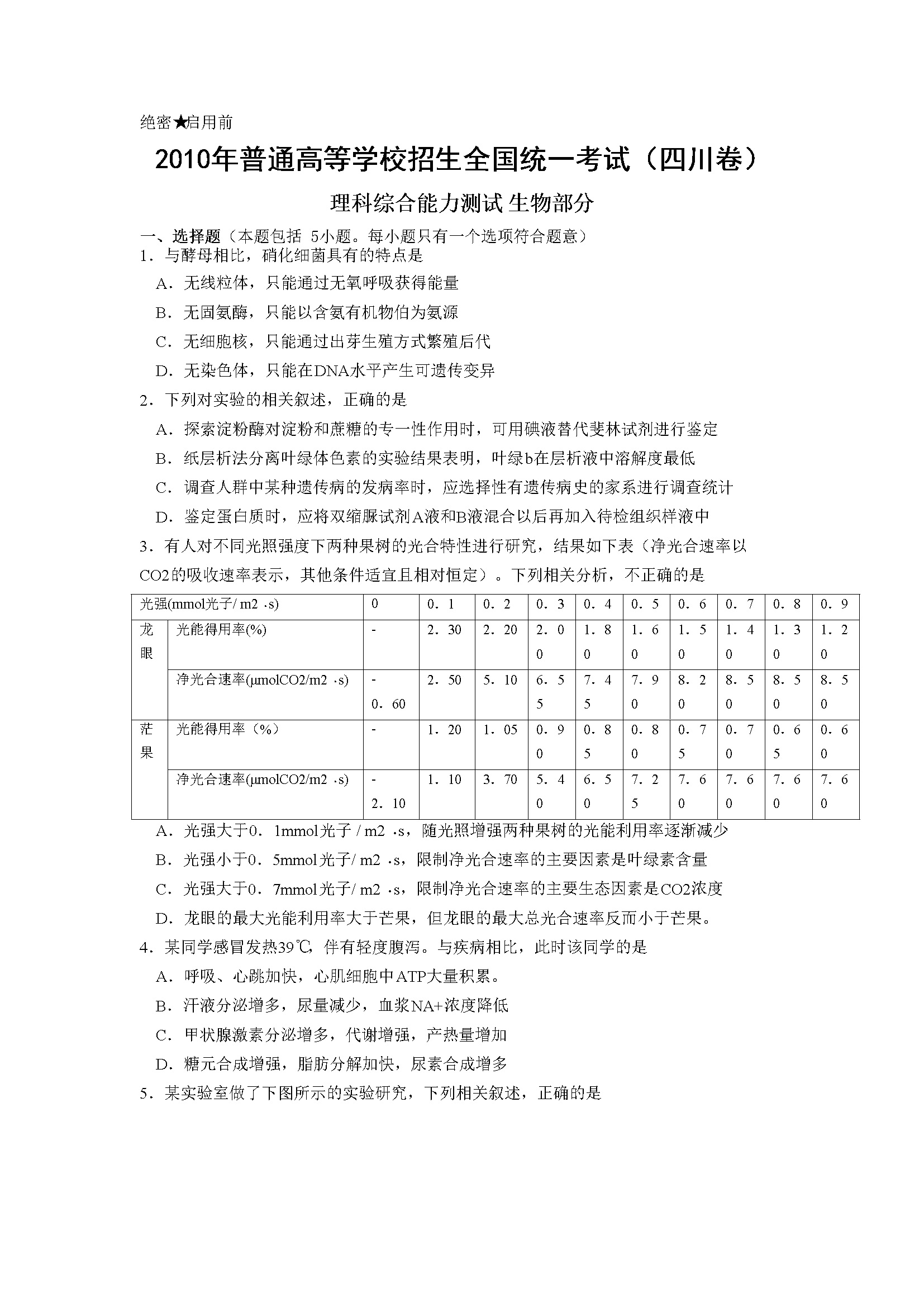 2010年四川省高考生物试卷及答案