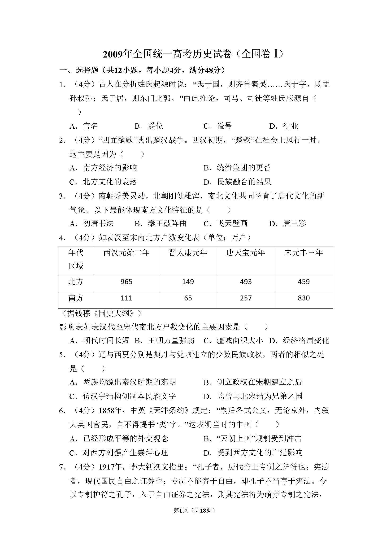 2009年全国统一高考历史试卷（全国卷ⅰ）（含解析版）